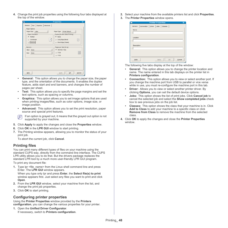 Printing files, Configuring printer properties | Samsung ML-186XW User Manual | Page 48 / 75