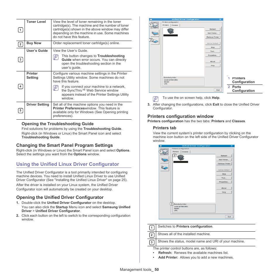 Using the unified linux driver configurator, Changing the smart panel program settings, Opening the unified driver configurator | Printers configuration window, Opening the troubleshooting guide, Printers tab | Samsung ML-186XW User Manual | Page 50 / 75