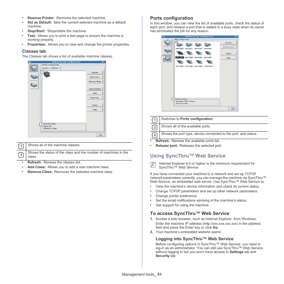 Using syncthru™ web service, Ports configuration, Classes tab | Logging into syncthru™ web service | Samsung ML-186XW User Manual | Page 51 / 75