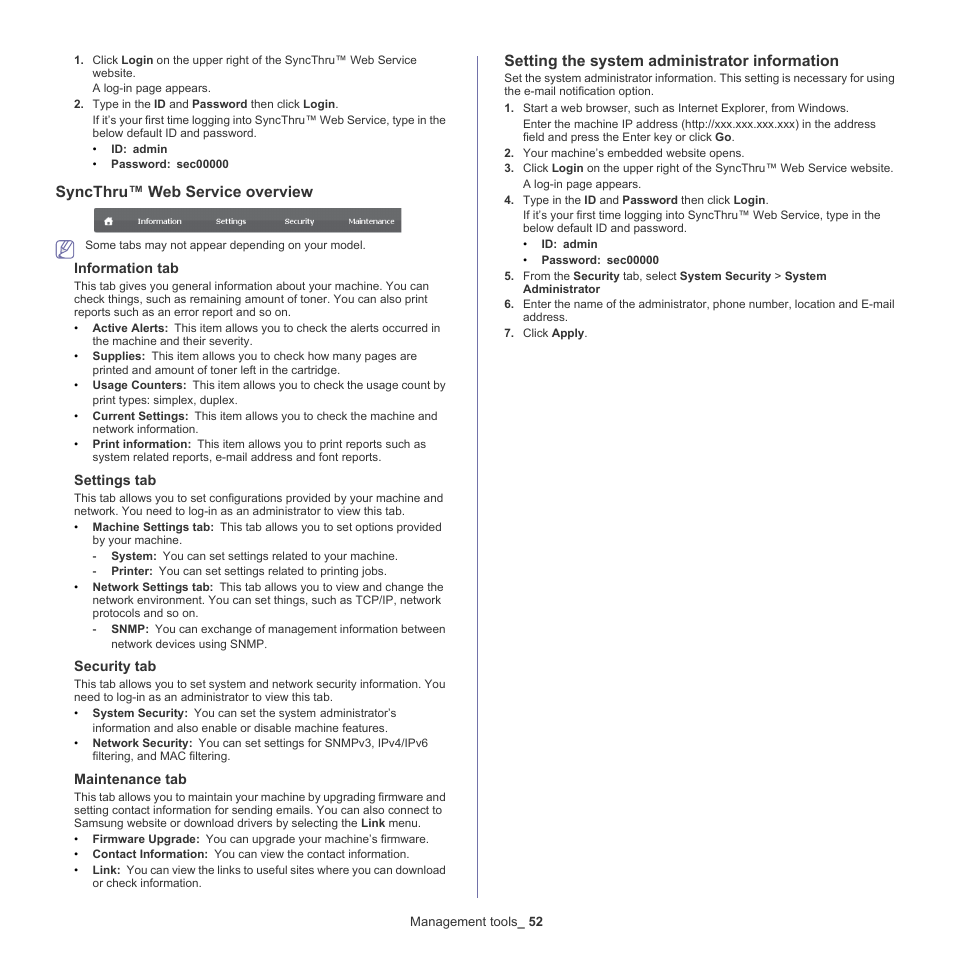 Syncthru™ web service overview, Setting the system administrator information | Samsung ML-186XW User Manual | Page 52 / 75