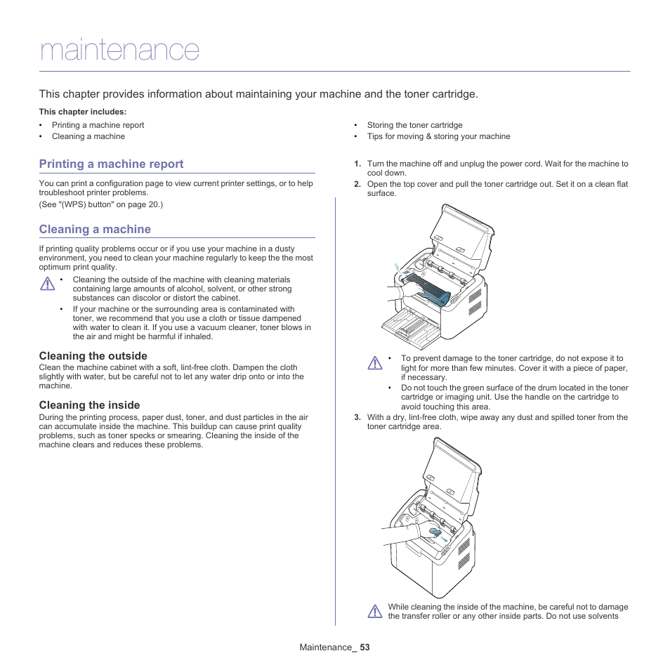 Maintenance, Printing a machine report, Cleaning a machine | Cleaning the outside, Cleaning the inside | Samsung ML-186XW User Manual | Page 53 / 75