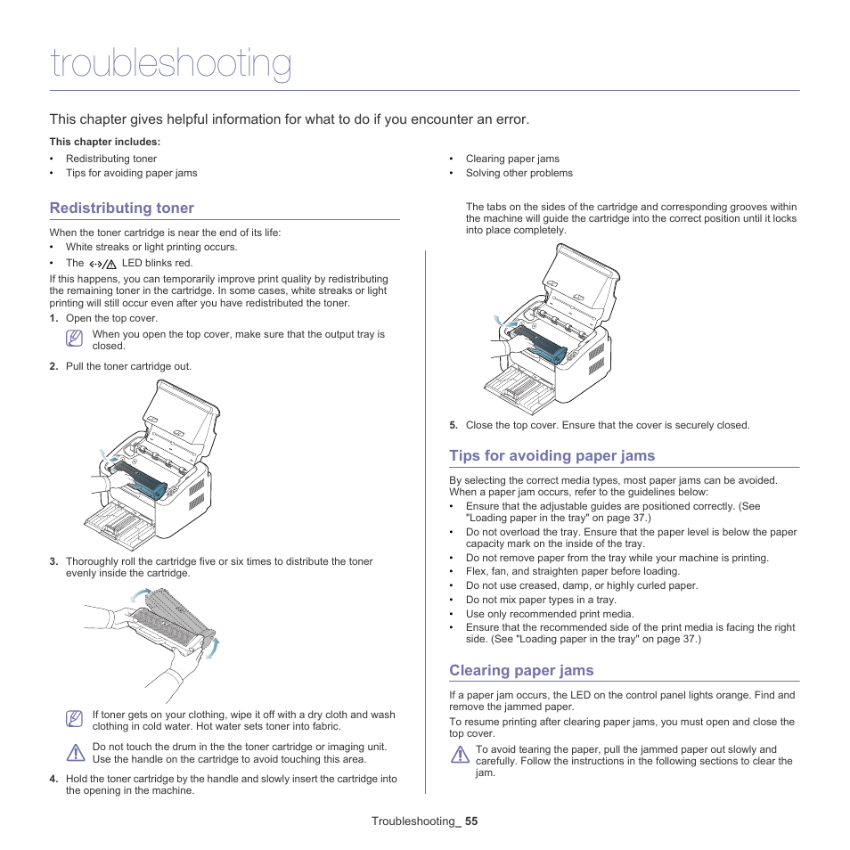 Troubleshooting, Redistributing toner, Tips for avoiding paper jams | Clearing paper jams, See "clearing paper | Samsung ML-186XW User Manual | Page 55 / 75