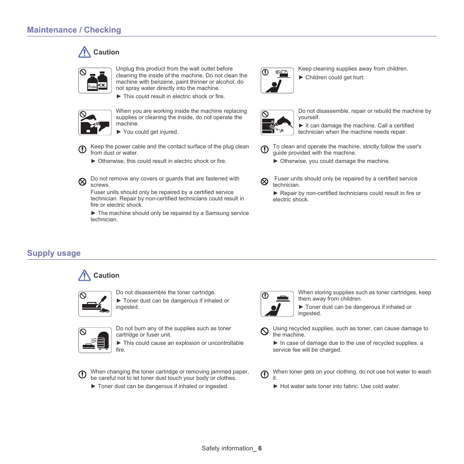 Maintenance / checking, Supply usage | Samsung ML-186XW User Manual | Page 6 / 75