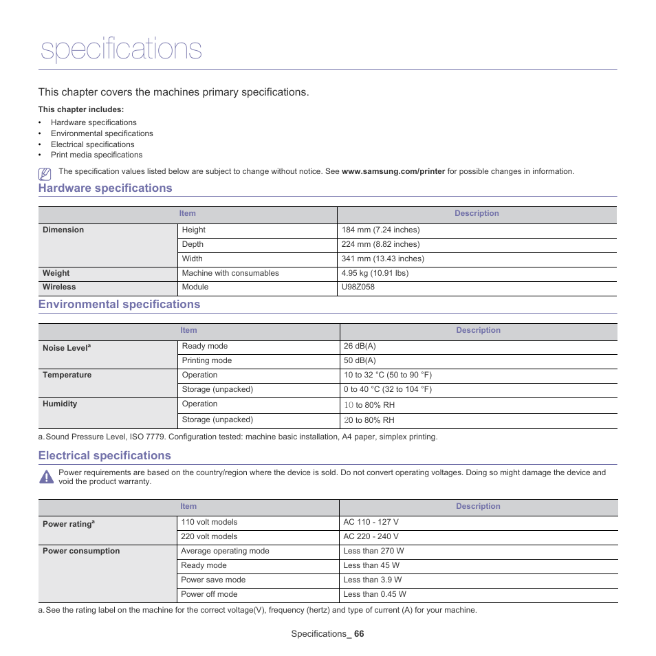Specifications, Hardware specifications, Environmental specifications | Electrical specifications | Samsung ML-186XW User Manual | Page 66 / 75