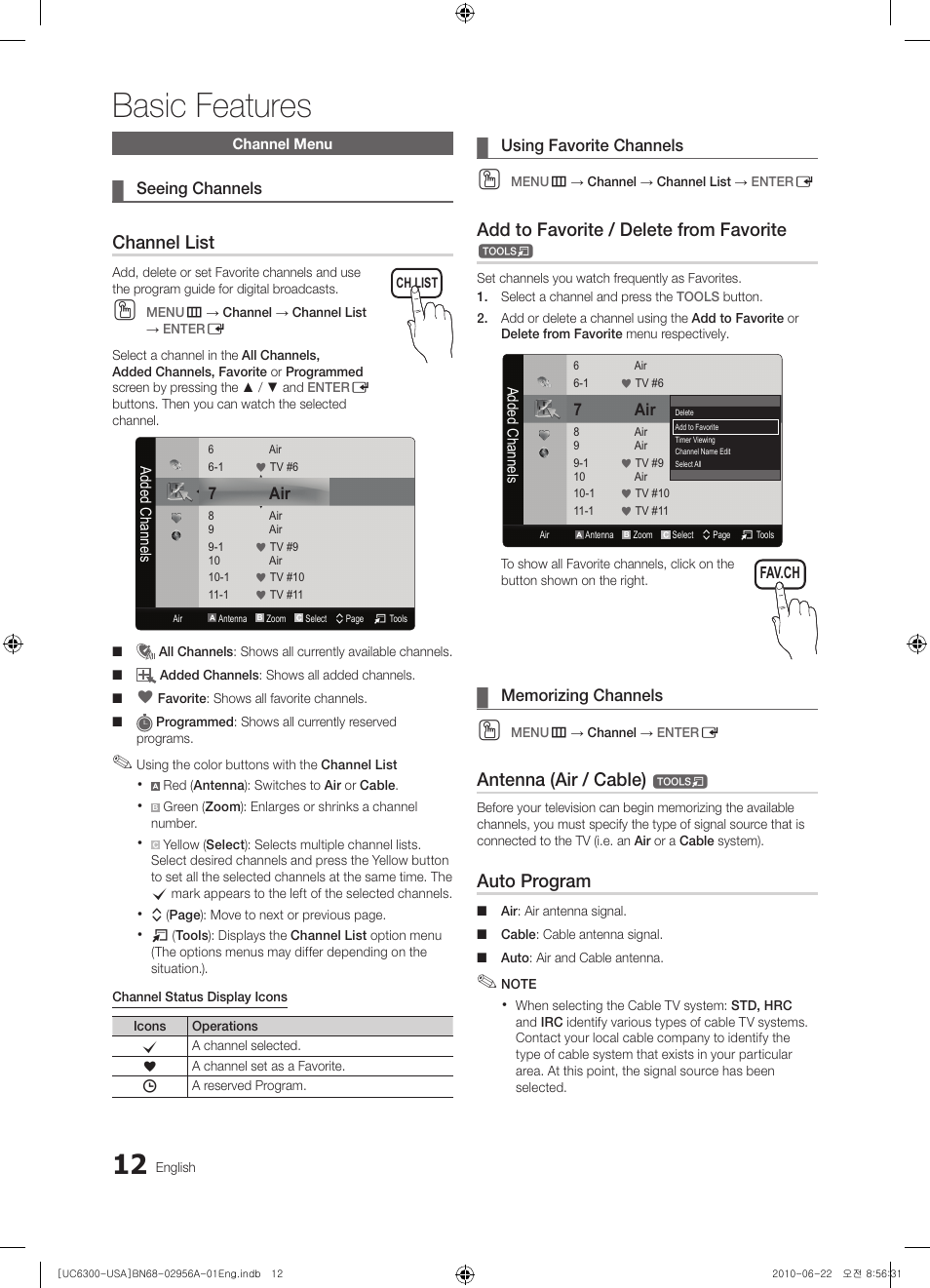 Channel menu, Seeing channels, Using favorite channels | Memorizing channels, Basic features, Channel list, Add to favorite / delete from favorite, Antenna (air / cable), Auto program | Samsung 6300 Series User Manual | Page 12 / 54