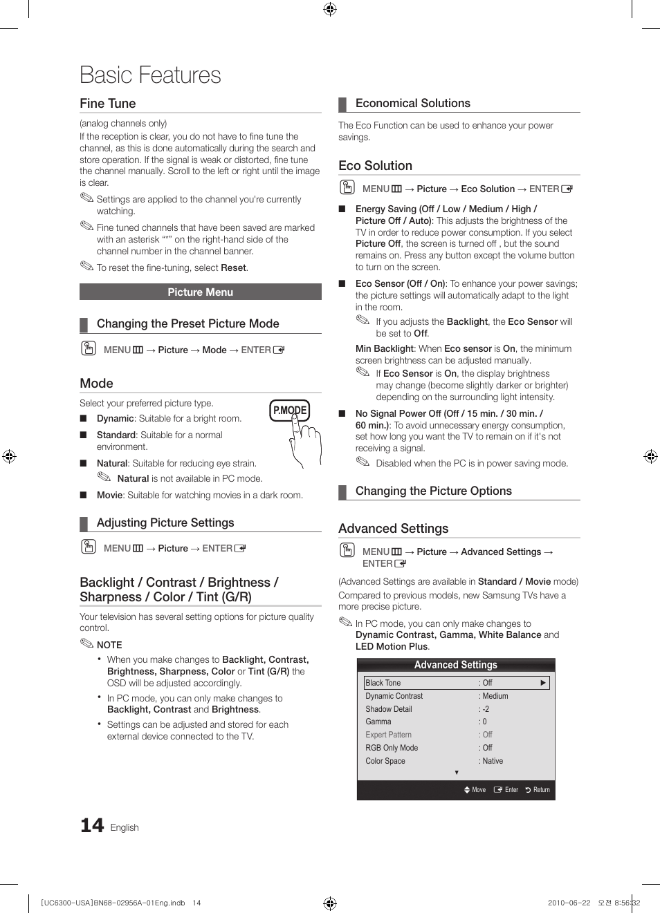 Picture menu, Changing the preset picture mode, Adjusting picture settings | Economical solutions, Changing the picture options, Basic features | Samsung 6300 Series User Manual | Page 14 / 54