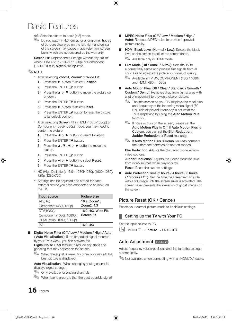 Setting up the tv with your pc, Basic features, Picture reset (ok / cancel) | Auto adjustment | Samsung 6300 Series User Manual | Page 16 / 54