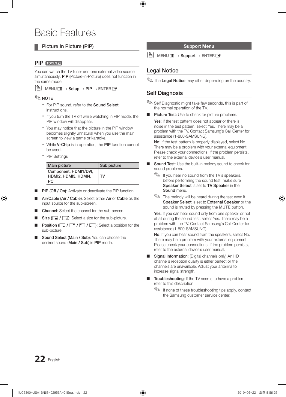Picture in picture (pip), Support menu, Basic features | Samsung 6300 Series User Manual | Page 22 / 54