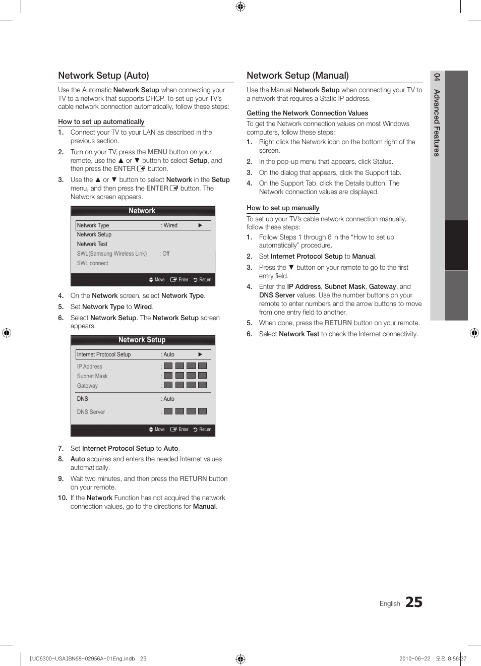 Network setup (auto), Network setup (manual) | Samsung 6300 Series User Manual | Page 25 / 54