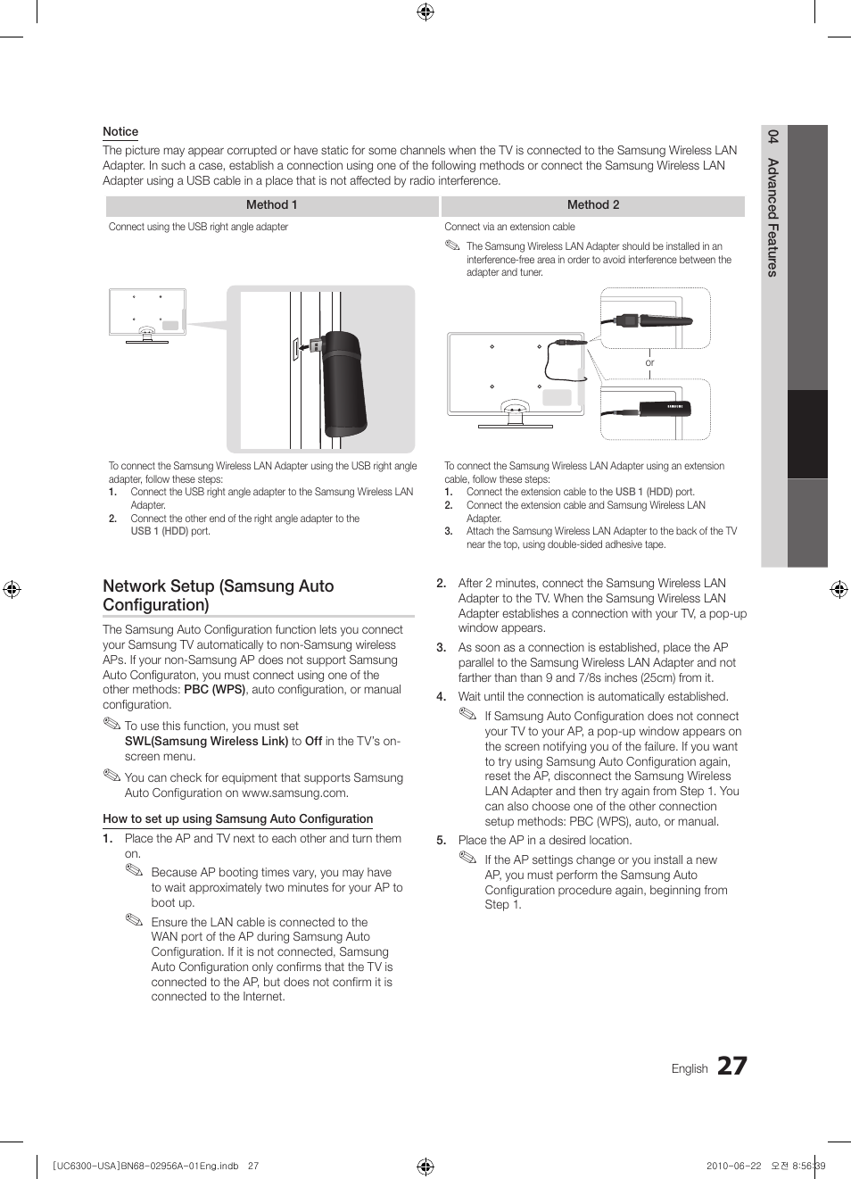 Network setup (samsung auto configuration) | Samsung 6300 Series User Manual | Page 27 / 54