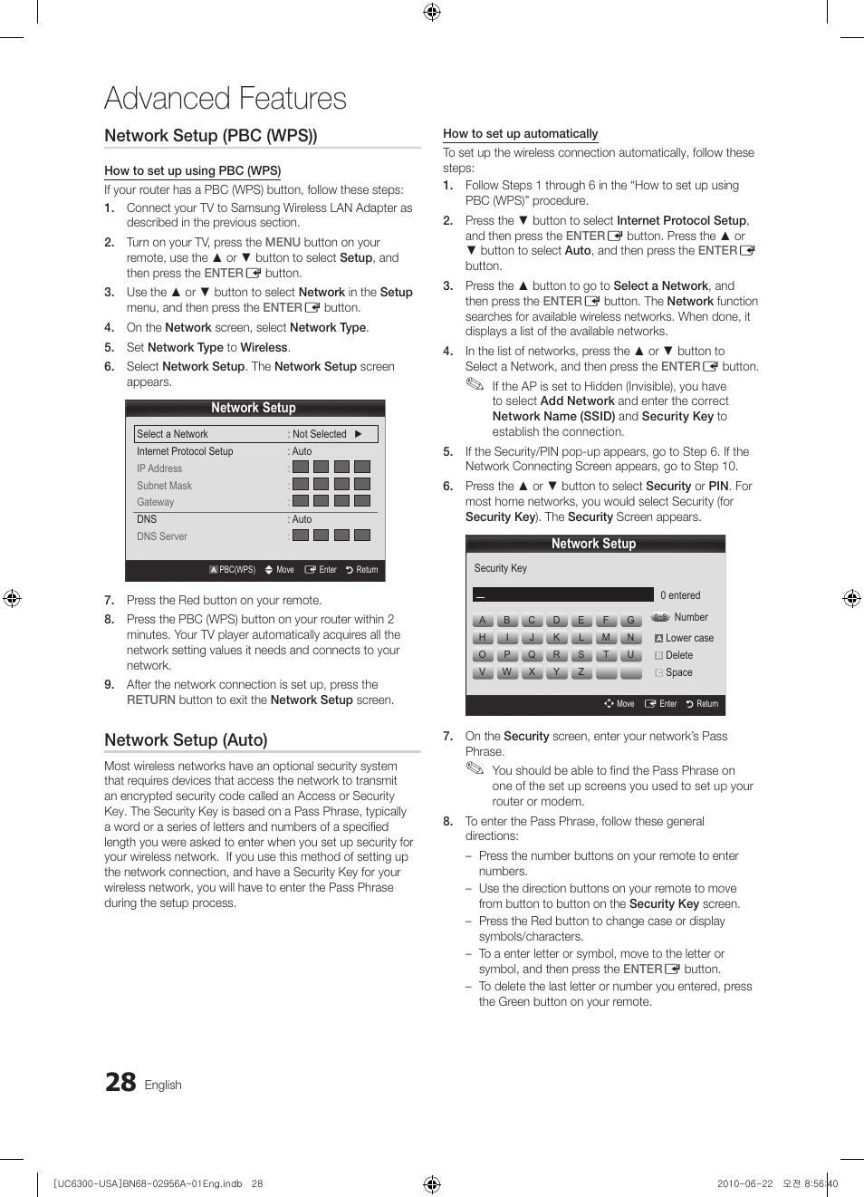 Advanced features, Network setup (pbc (wps)), Network setup (auto) | Samsung 6300 Series User Manual | Page 28 / 54