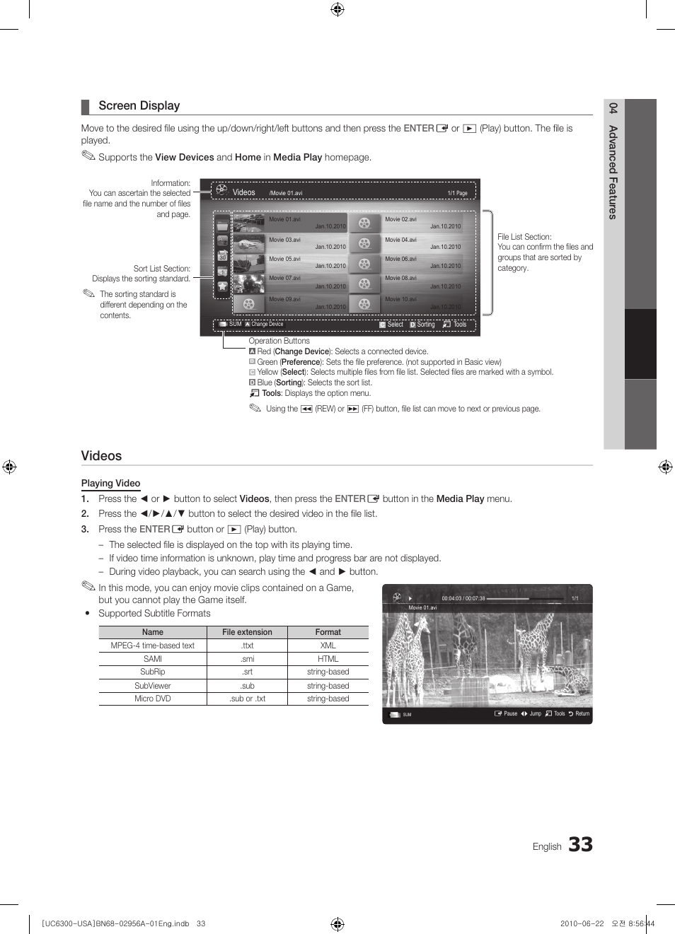 Screen display, Videos | Samsung 6300 Series User Manual | Page 33 / 54