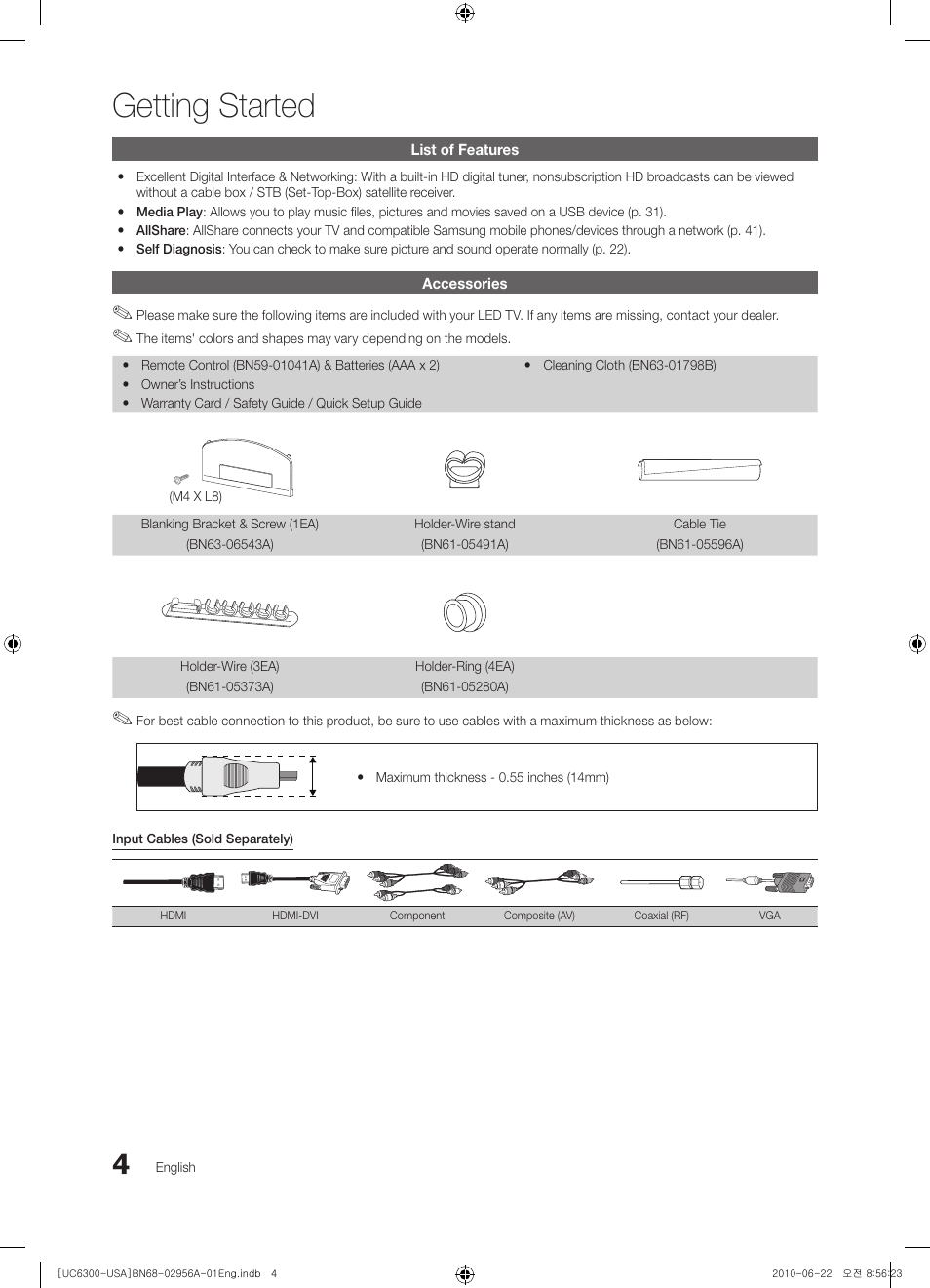 Getting started, List of features, Accessories | Samsung 6300 Series User Manual | Page 4 / 54