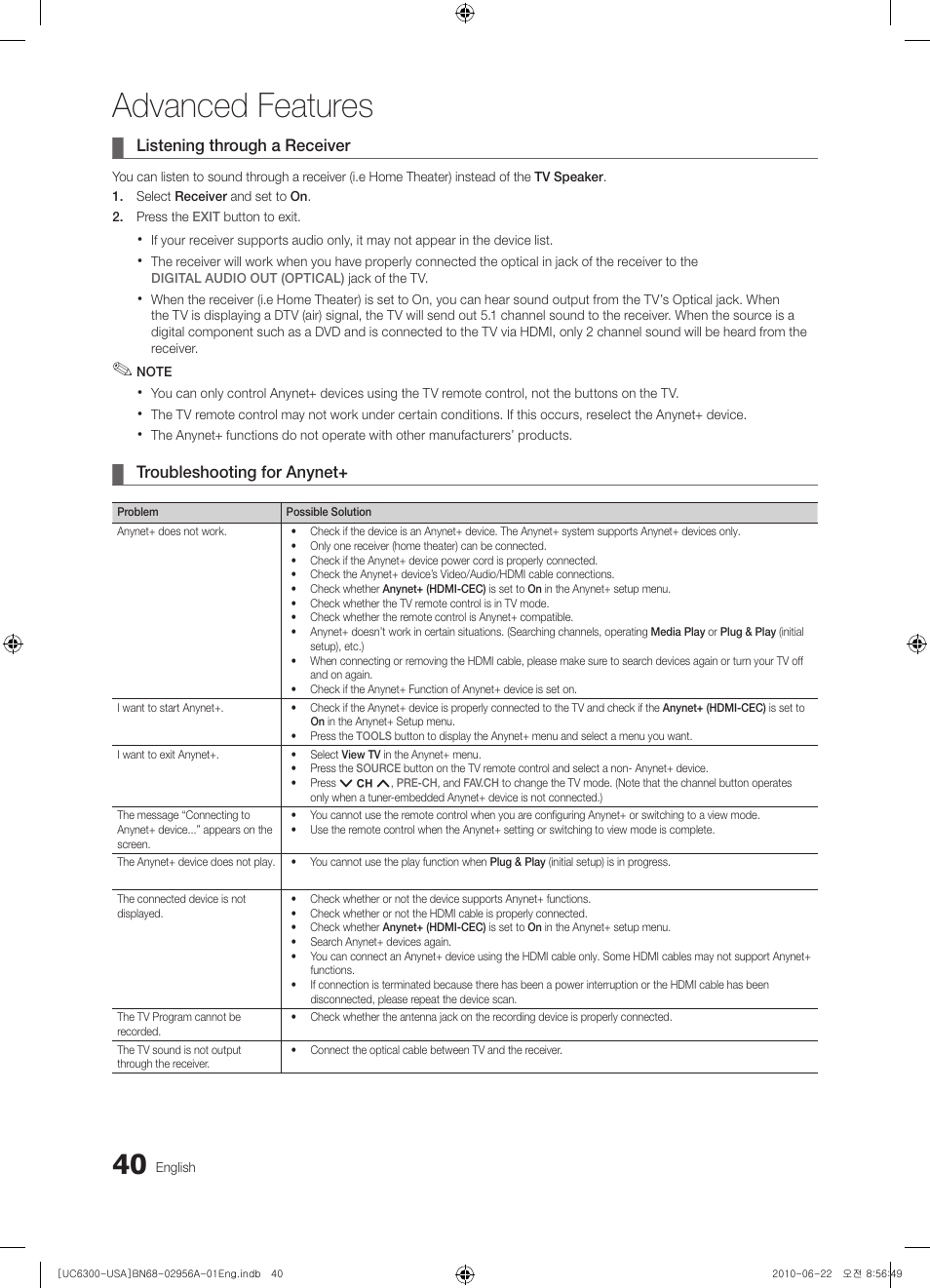 Listening through a receiver, Troubleshooting for anynet, Advanced features | Samsung 6300 Series User Manual | Page 40 / 54
