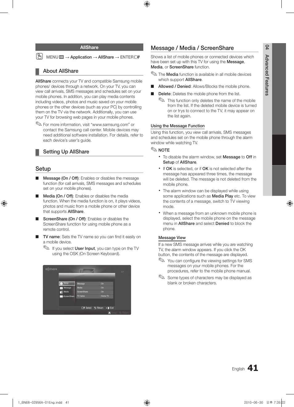 Allshare, About allshare, Setting up allshare | Setup, Message / media / screenshare | Samsung 6300 Series User Manual | Page 41 / 54