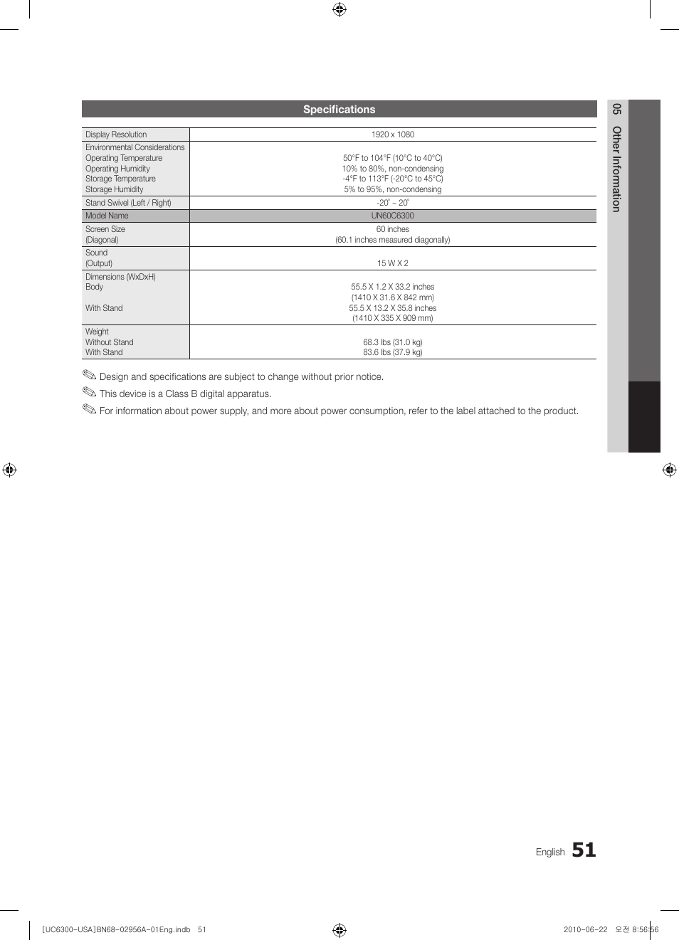 Specifications | Samsung 6300 Series User Manual | Page 51 / 54