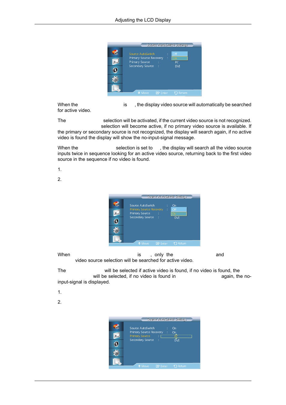 Source autoswitch, Primary source recovery, Primary source | Samsung SYNCMASTER 320MPN-3 User Manual | Page 101 / 158