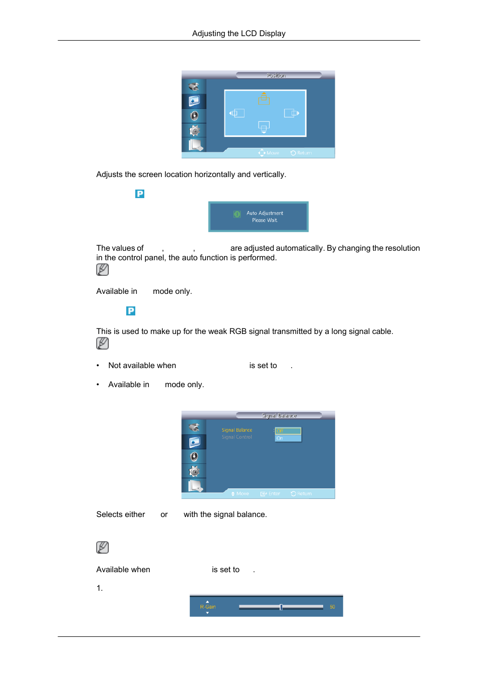 Position, Auto adjustment, Signal balance | Signal control | Samsung SYNCMASTER 320MPN-3 User Manual | Page 106 / 158