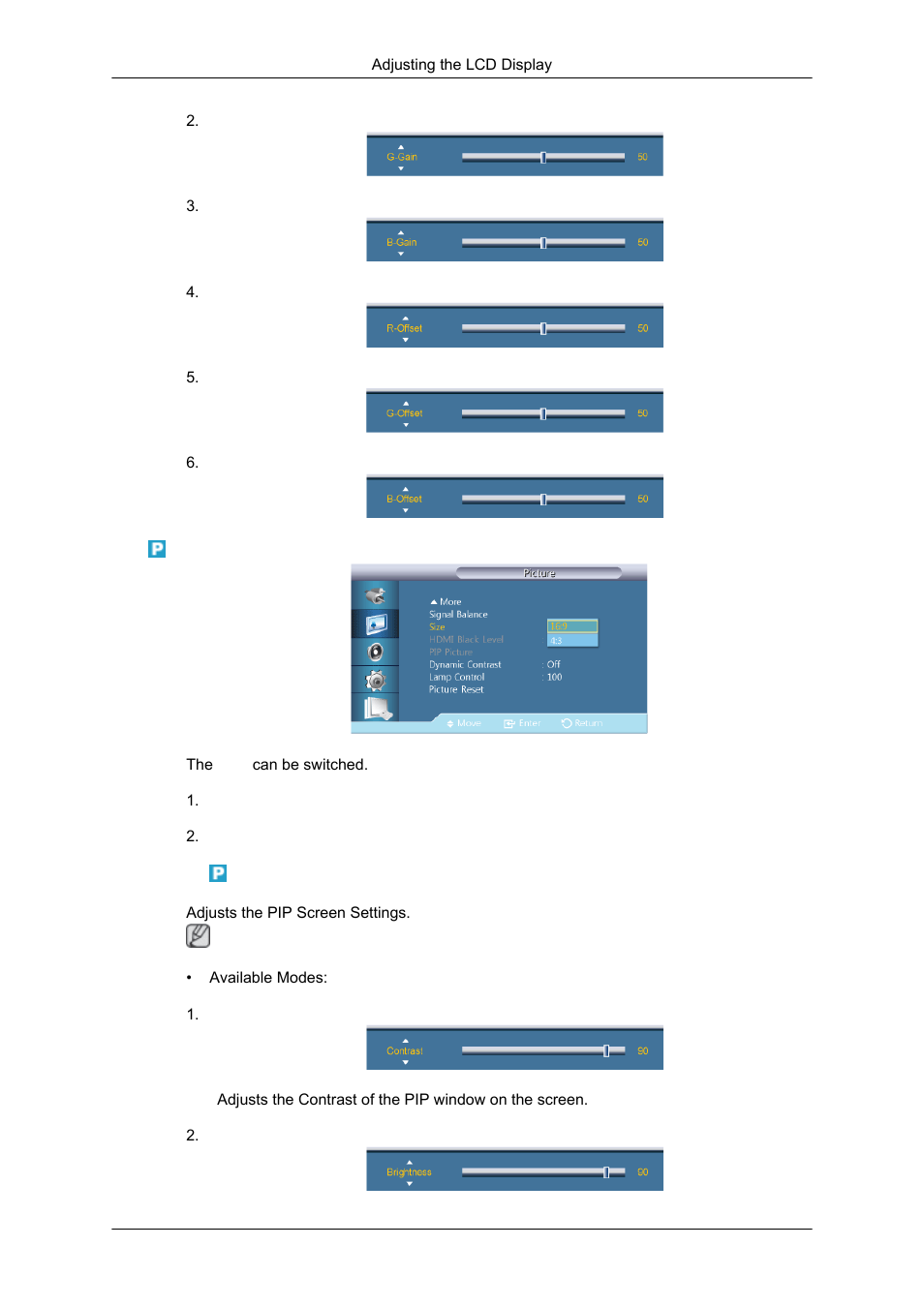 Size, Pip picture | Samsung SYNCMASTER 320MPN-3 User Manual | Page 107 / 158