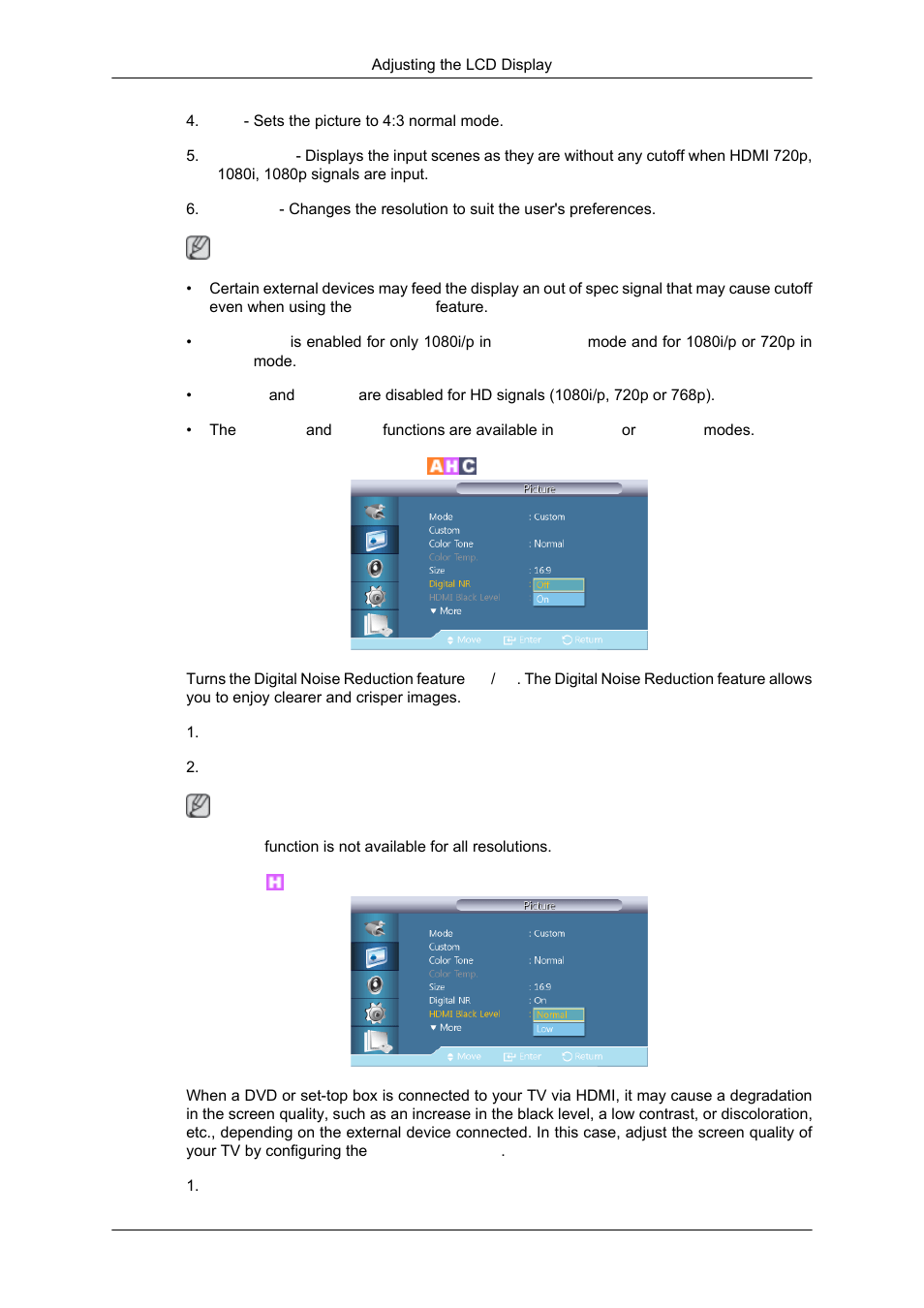 Digital nr (digital noise reduction), Hdmi black level | Samsung SYNCMASTER 320MPN-3 User Manual | Page 112 / 158