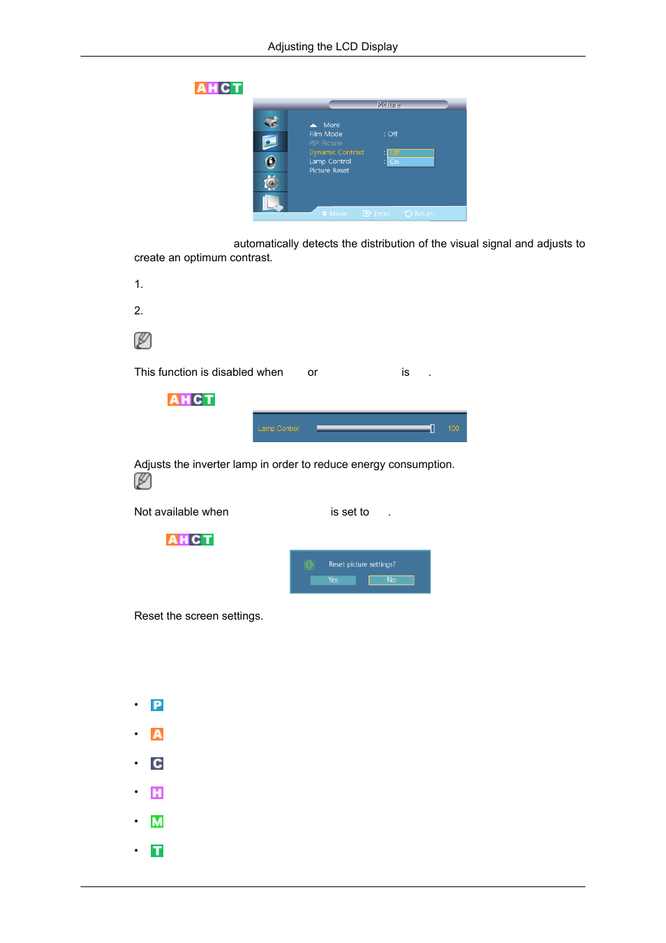 Dynamic contrast, Lamp control, Picture reset | Sound | Samsung SYNCMASTER 320MPN-3 User Manual | Page 114 / 158