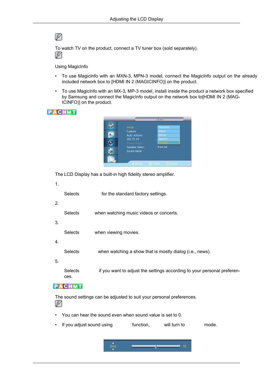 Mode, Custom, Bass | Samsung SYNCMASTER 320MPN-3 User Manual | Page 115 / 158