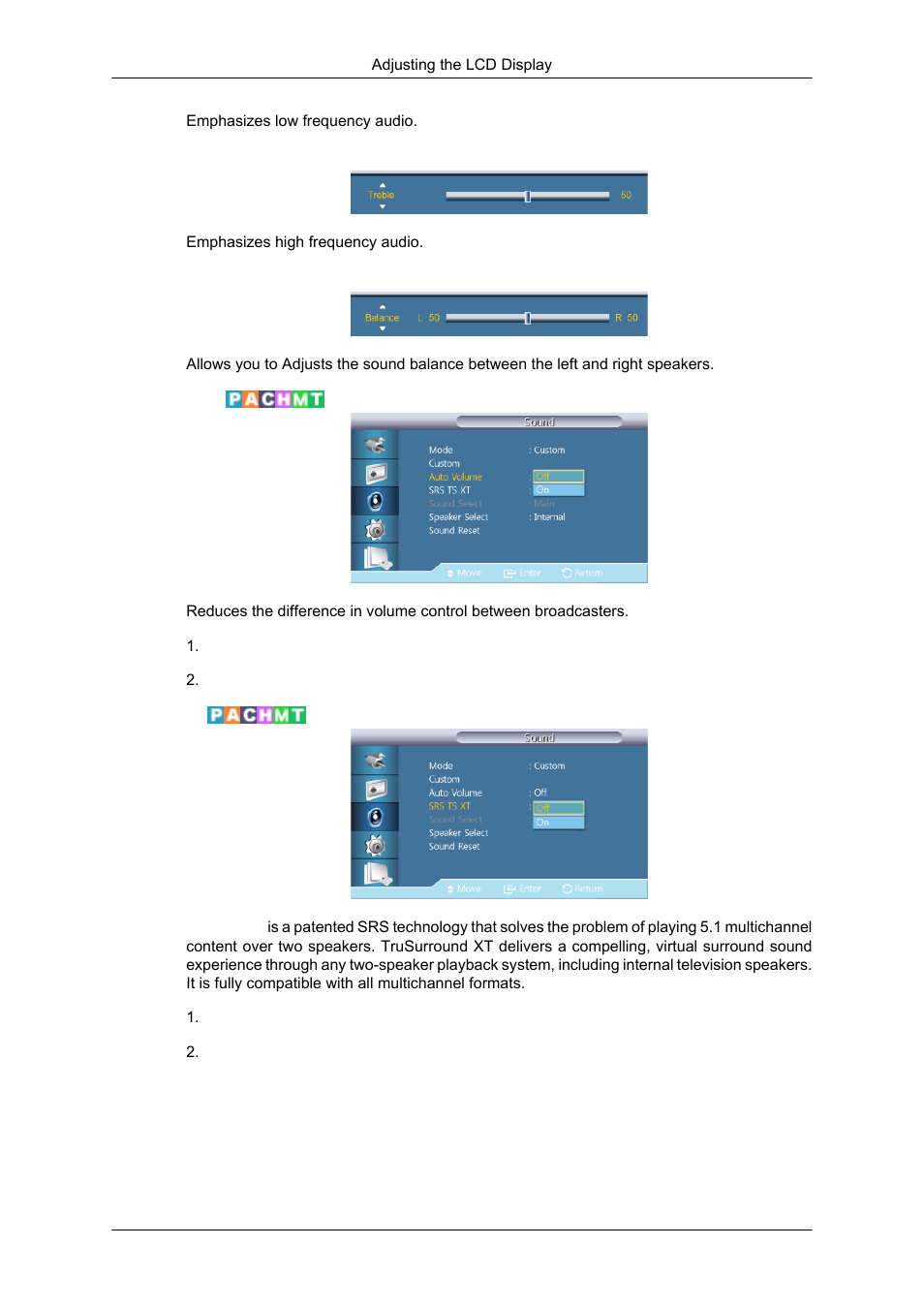 Treble, Balance, Auto volume | Srs ts xt | Samsung SYNCMASTER 320MPN-3 User Manual | Page 116 / 158