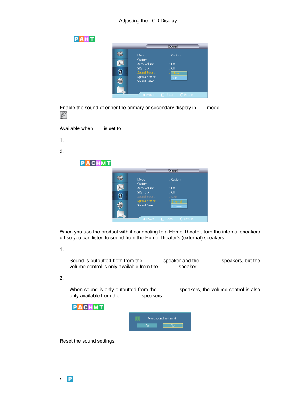 Sound select, Speaker select, Sound reset | Setup | Samsung SYNCMASTER 320MPN-3 User Manual | Page 117 / 158