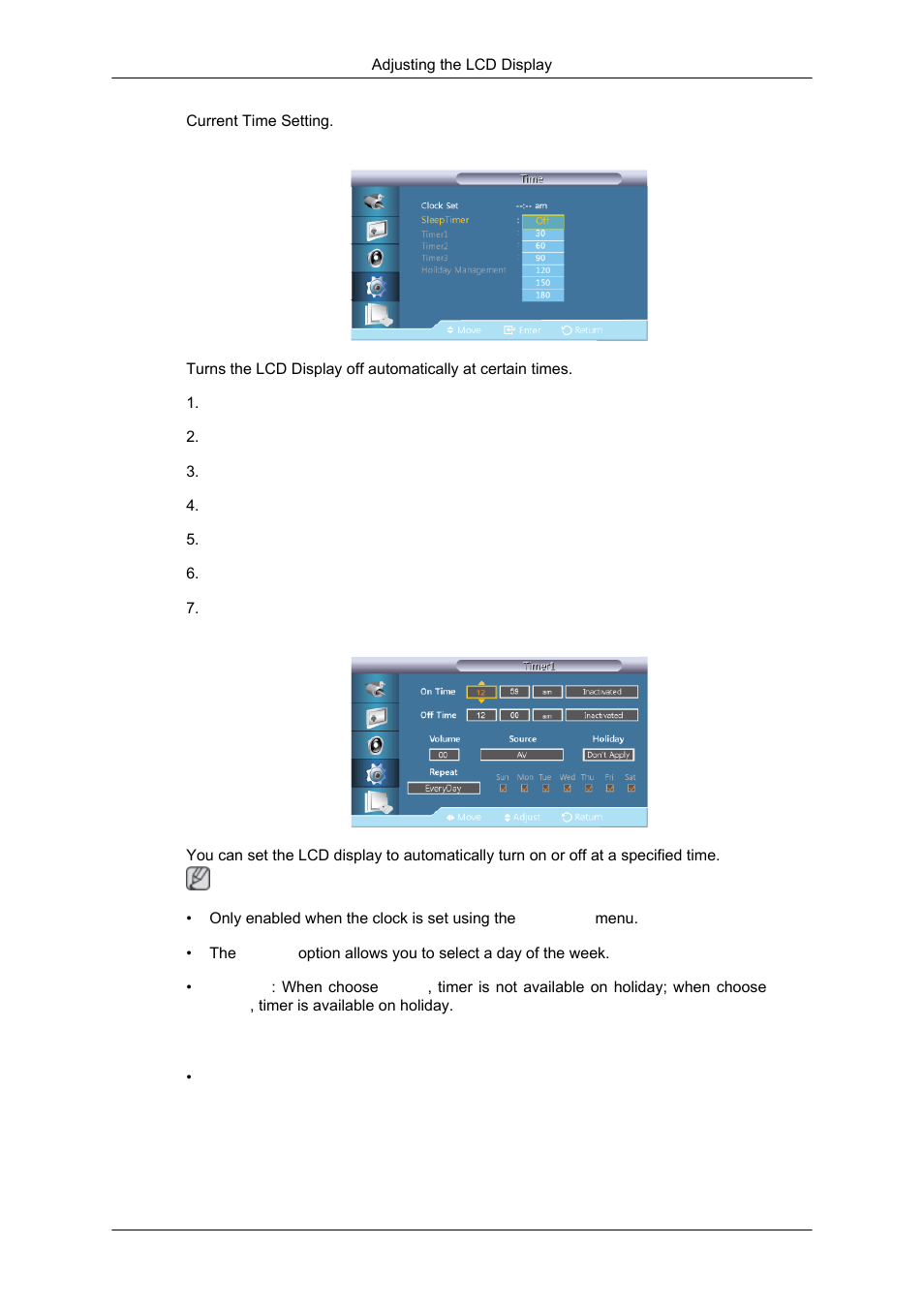 Sleep timer, Timer1 / timer2 / timer3, Holiday management | Samsung SYNCMASTER 320MPN-3 User Manual | Page 119 / 158