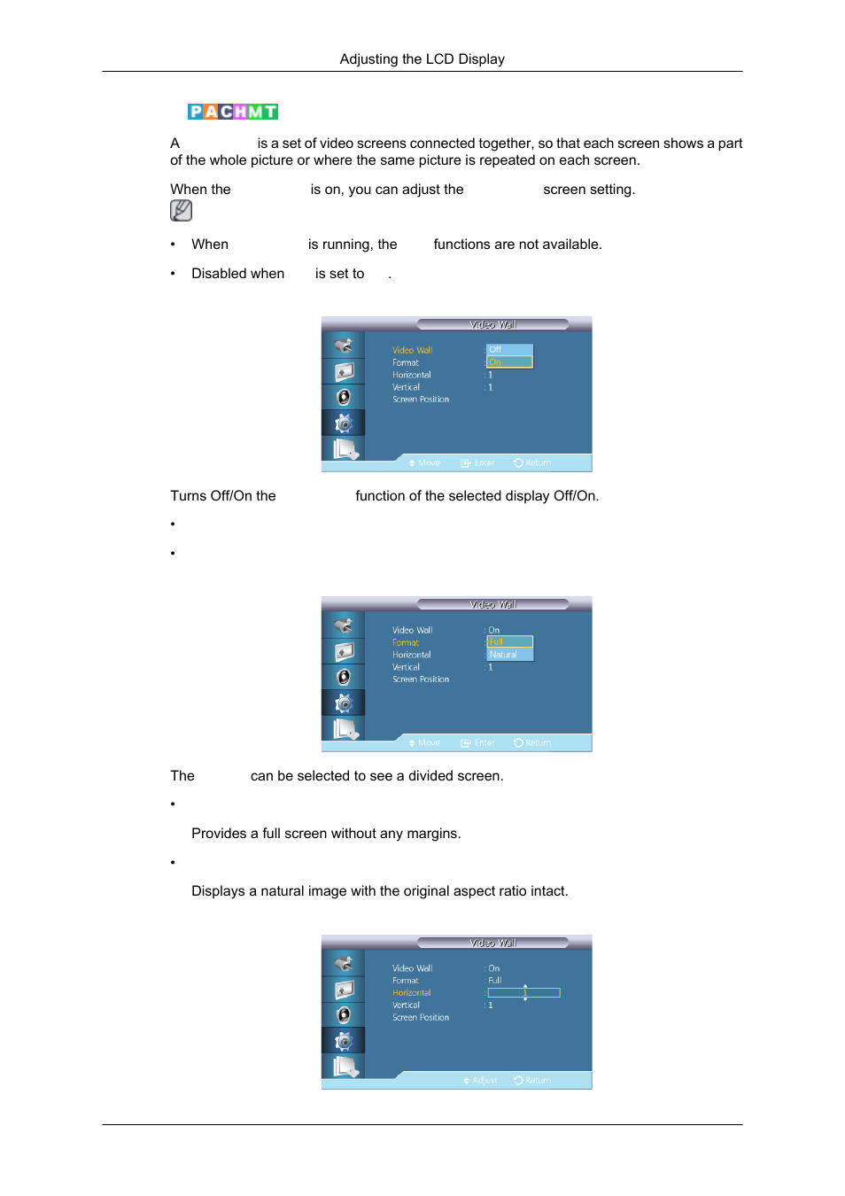 Video wall, Format, Horizontal | Samsung SYNCMASTER 320MPN-3 User Manual | Page 122 / 158