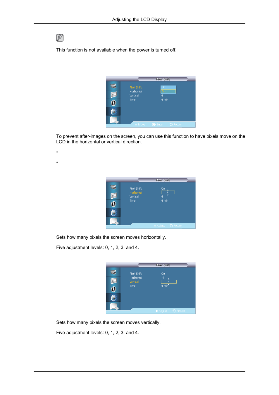 Pixel shift, Horizontal, Vertical | Samsung SYNCMASTER 320MPN-3 User Manual | Page 124 / 158