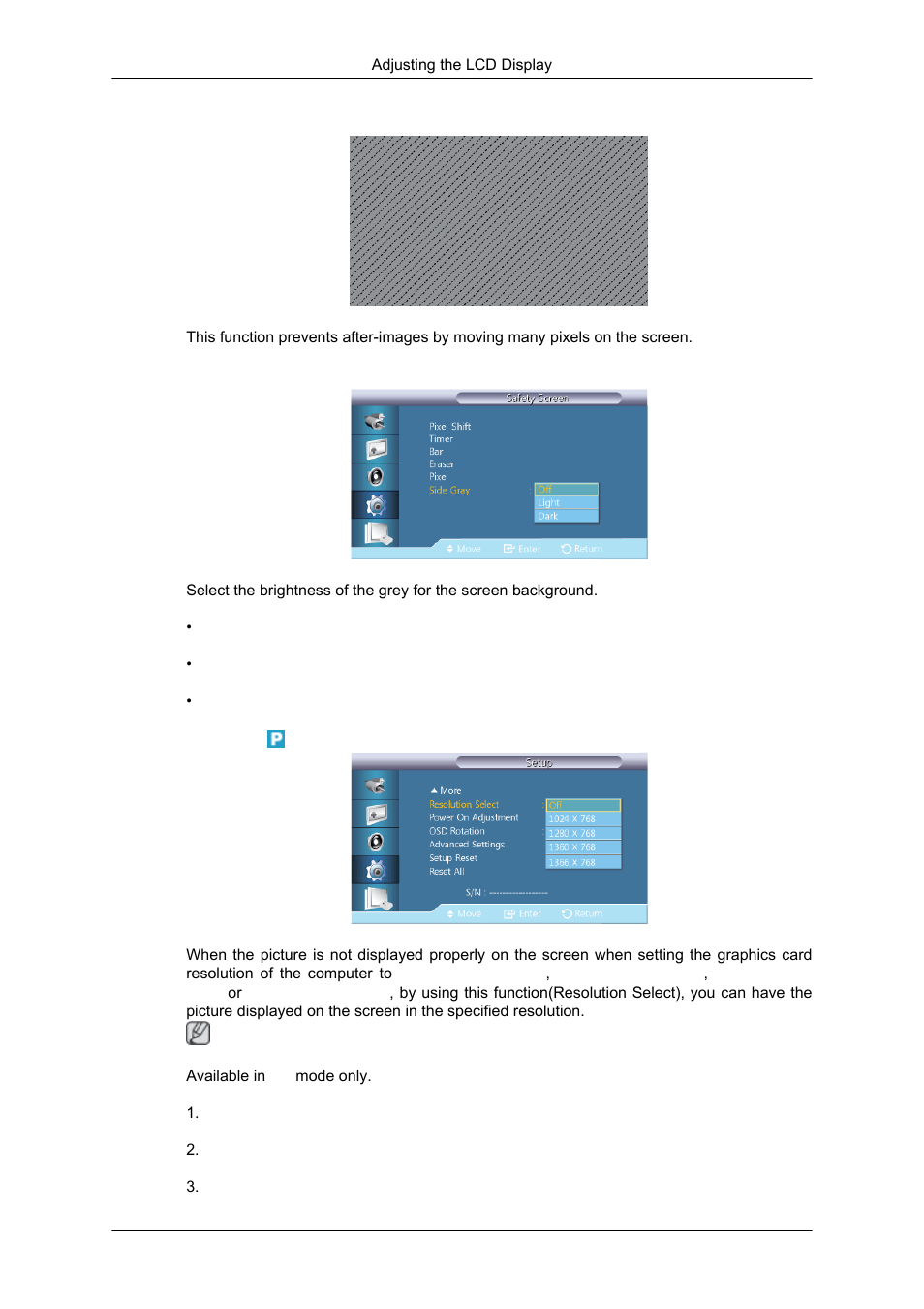 Pixel, Side gray, Resolution select | Samsung SYNCMASTER 320MPN-3 User Manual | Page 127 / 158