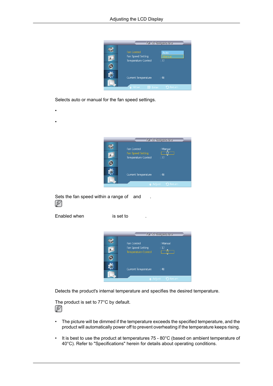 Fan controls, Fan speed setting, Temperature control | Samsung SYNCMASTER 320MPN-3 User Manual | Page 129 / 158