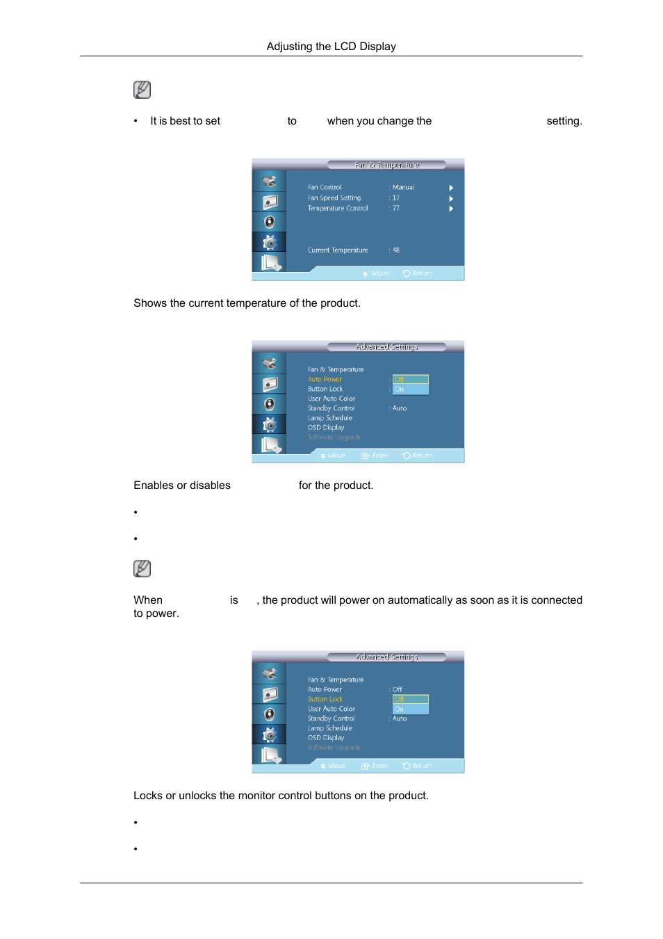 Current temperature, Auto power, Button lock | Samsung SYNCMASTER 320MPN-3 User Manual | Page 130 / 158