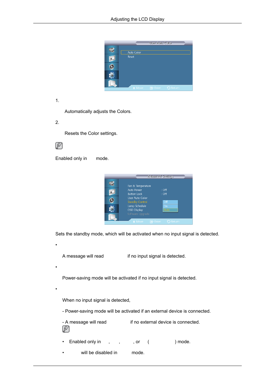 User auto color, Standby control | Samsung SYNCMASTER 320MPN-3 User Manual | Page 131 / 158