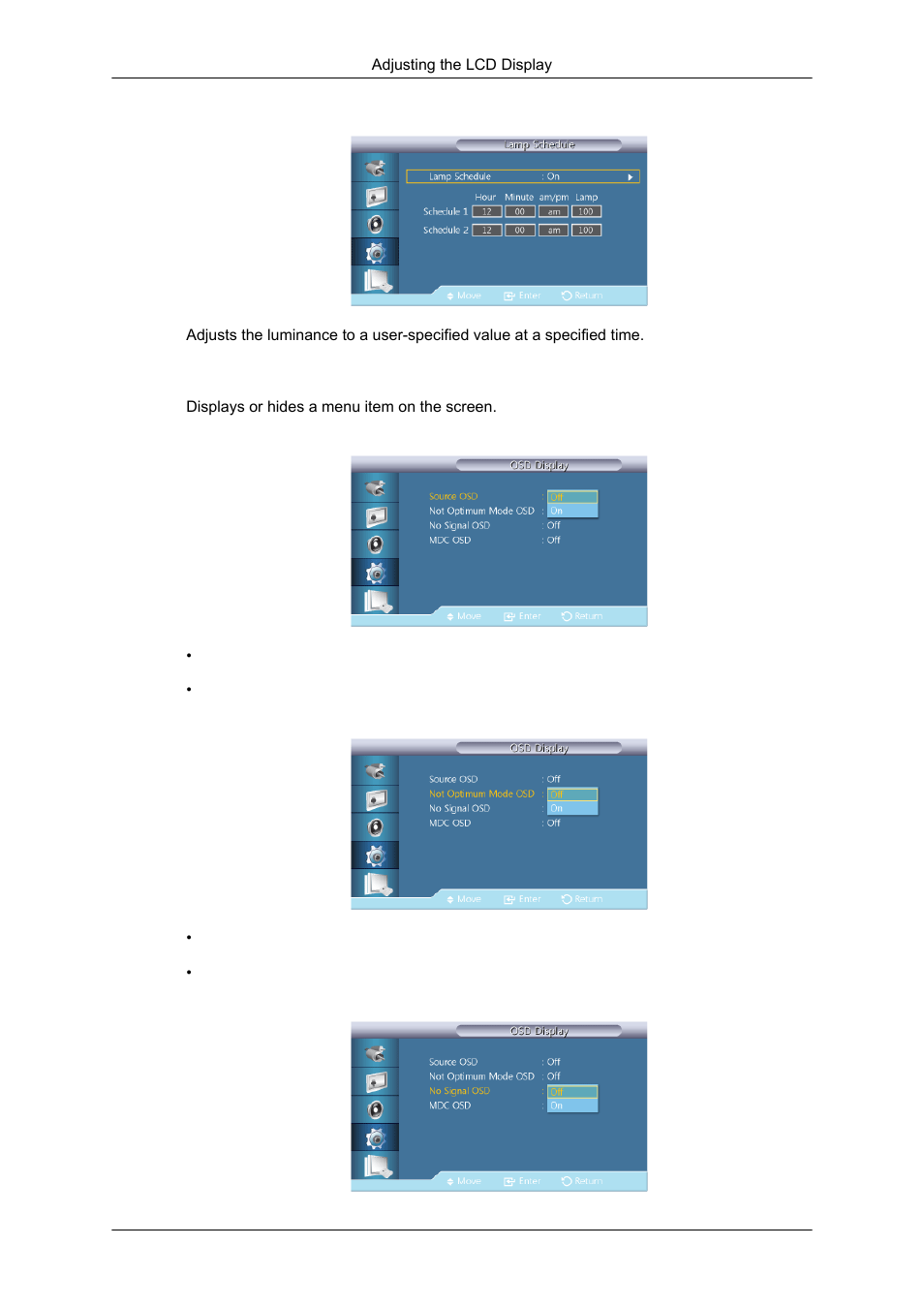 Lamp schedule, Osd display, Source osd | Not optimum mode osd, No signal osd | Samsung SYNCMASTER 320MPN-3 User Manual | Page 132 / 158