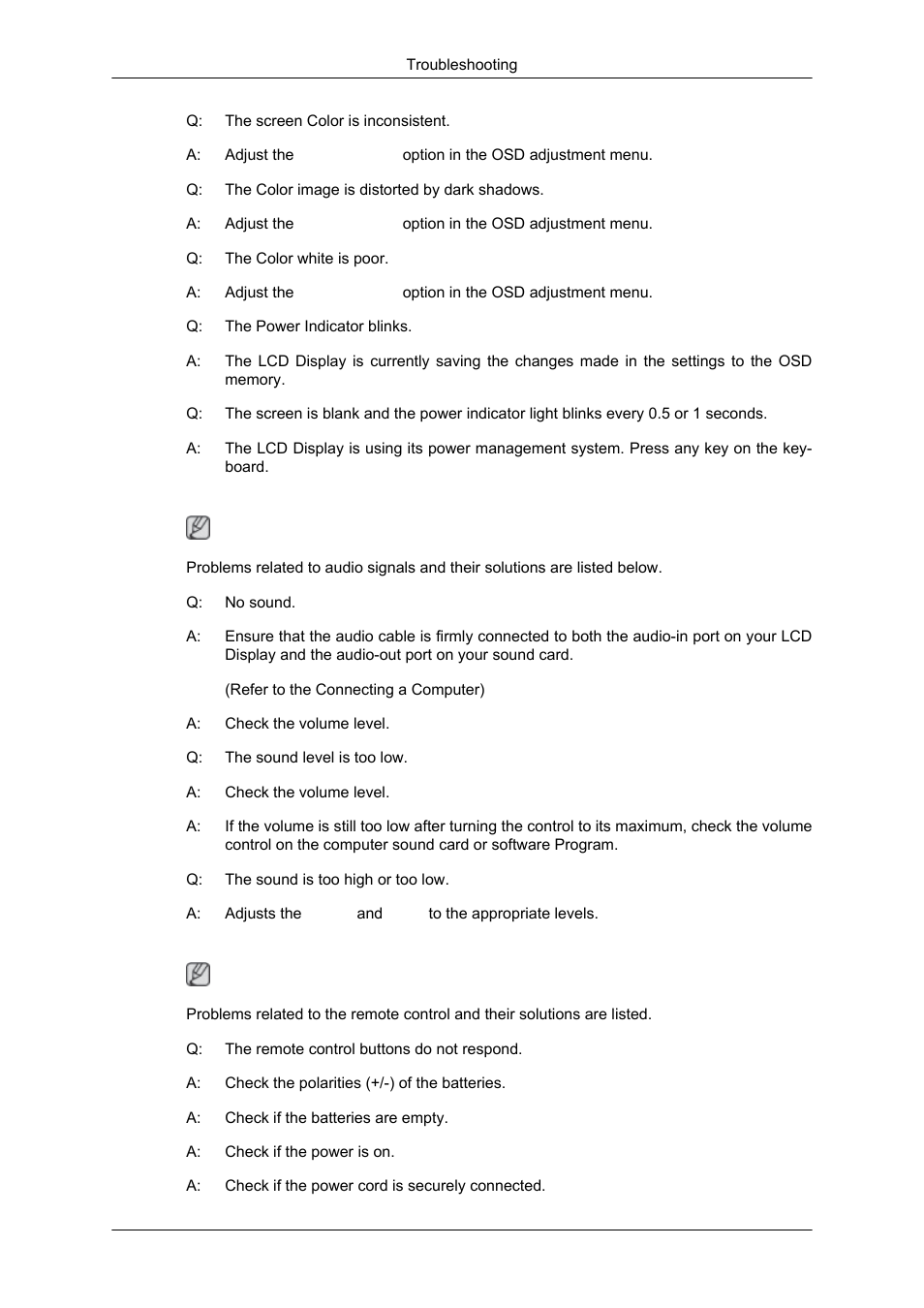 Problems related to audio, Problems related to the remote control | Samsung SYNCMASTER 320MPN-3 User Manual | Page 143 / 158