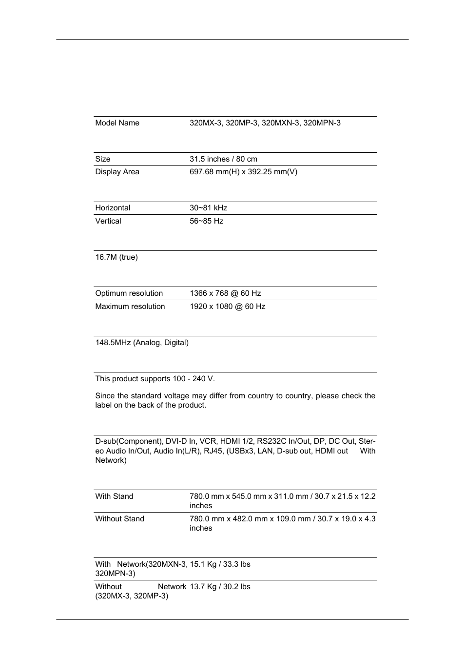 Specifications, General | Samsung SYNCMASTER 320MPN-3 User Manual | Page 145 / 158