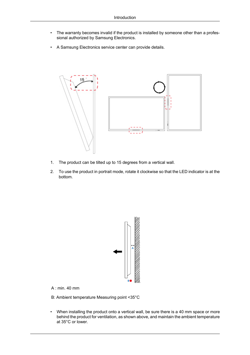 Tilt angle and rotation, Ventilation requirement, Vertical wall mount condition | Samsung SYNCMASTER 320MPN-3 User Manual | Page 21 / 158