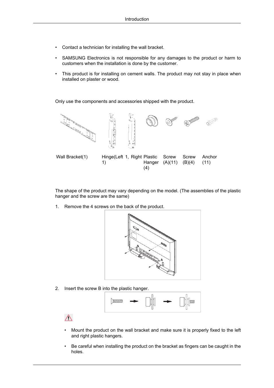 Wall bracket installation, Components, To mount the product on the wall bracket | Samsung SYNCMASTER 320MPN-3 User Manual | Page 25 / 158