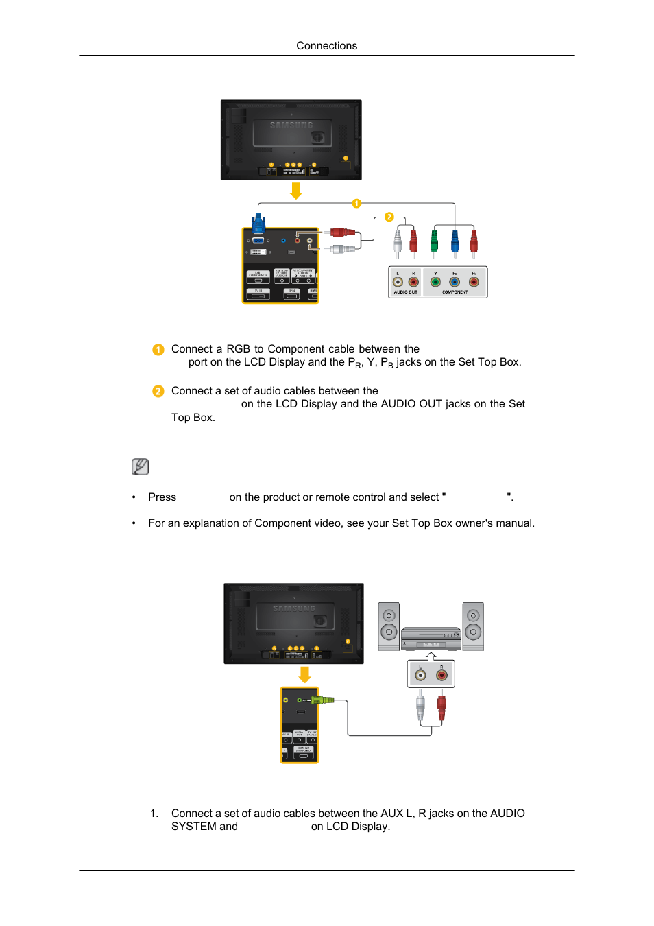Connecting a dtv set top (cable/satellite) box, Connecting to an audio system | Samsung SYNCMASTER 320MPN-3 User Manual | Page 42 / 158