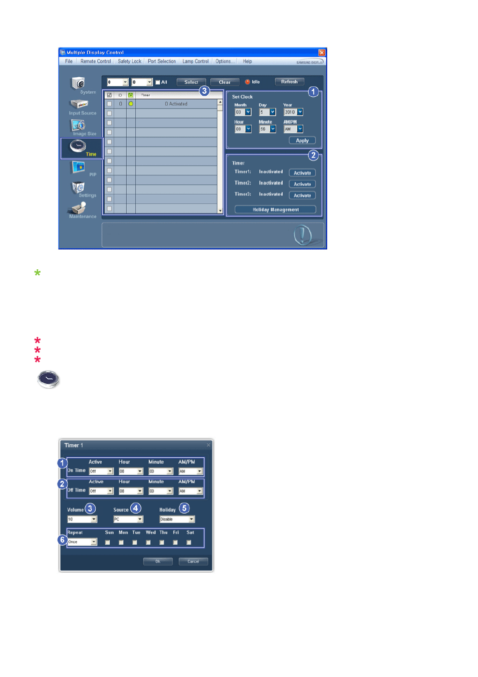 Time, Setting up timer and holiday management | Samsung SYNCMASTER 320MPN-3 User Manual | Page 63 / 158