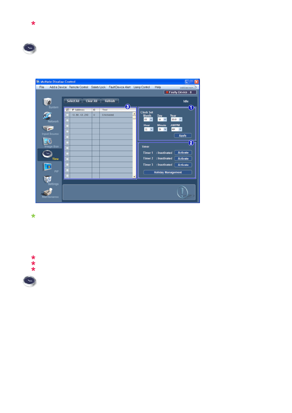 Time, Setting up timer and holiday management | Samsung SYNCMASTER 320MPN-3 User Manual | Page 84 / 158