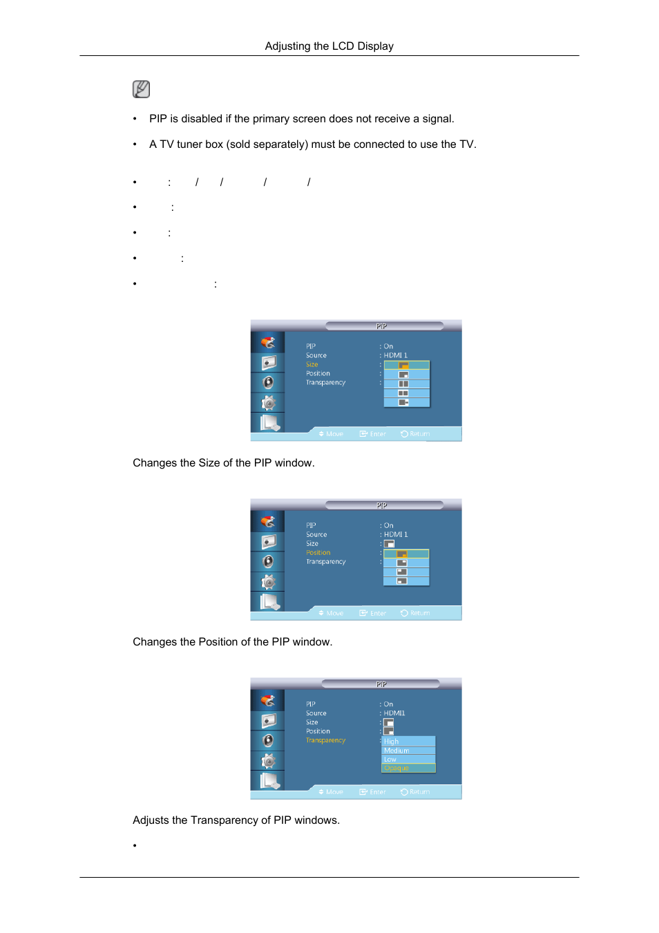 Size, Position, Transparency | Samsung SYNCMASTER 320MPN-3 User Manual | Page 99 / 158