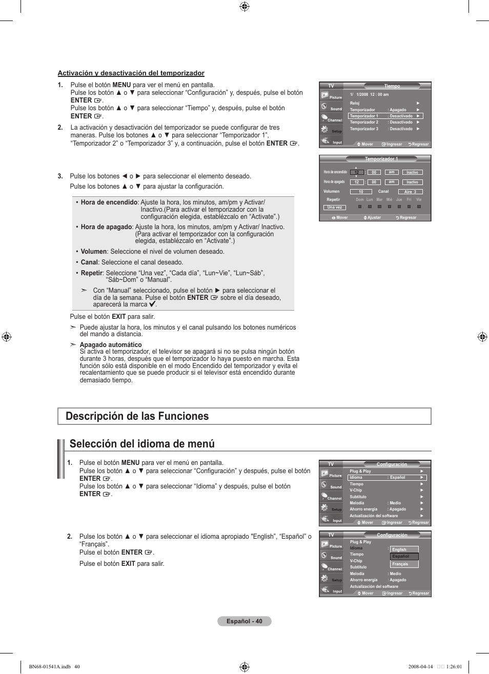 Selección del idioma de menú, Descripción de las funciones | Samsung BN68-01541A-01 User Manual | Page 102 / 121