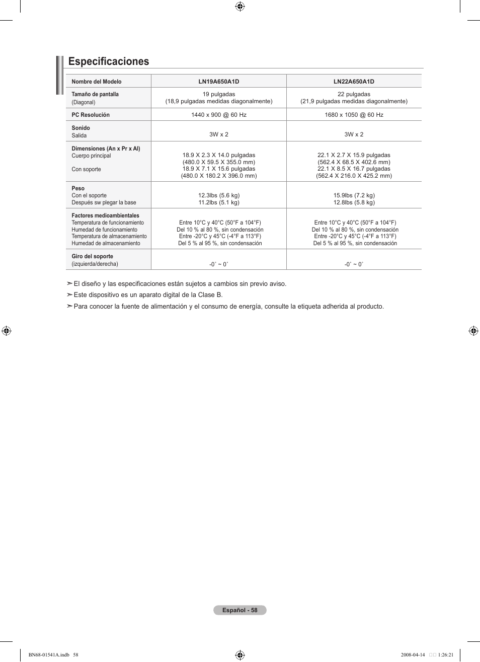 Especificaciones | Samsung BN68-01541A-01 User Manual | Page 120 / 121