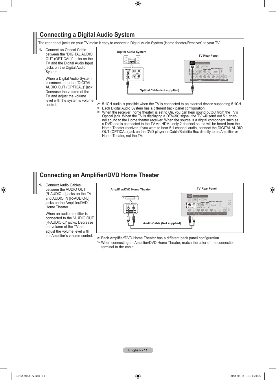 Connecting a digital audio system, Connecting an amplifier/dvd home theater | Samsung BN68-01541A-01 User Manual | Page 13 / 121