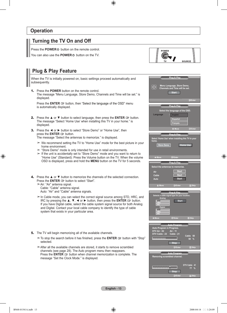 Operation, Turning the tv on and off, Plug & play feature | Samsung BN68-01541A-01 User Manual | Page 15 / 121