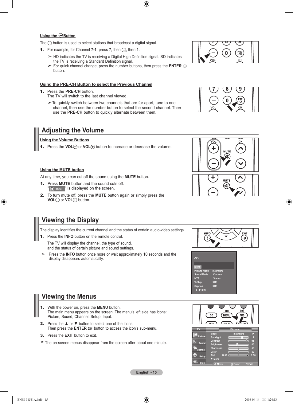 Adjusting the volume, Viewing the display, Viewing the menus | Samsung BN68-01541A-01 User Manual | Page 17 / 121
