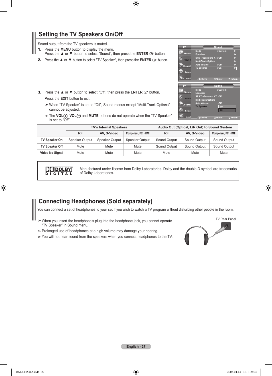 Setting the tv speakers on/off, Connecting headphones (sold separately) | Samsung BN68-01541A-01 User Manual | Page 29 / 121